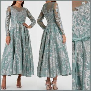 Mac Duggal 20337 Size 16 Blue Green Silver Long Sleeve ALine Midi Bow Dress Gown